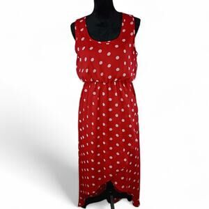 BOBEAU Women's Polka Dot Dress Large Polyester Hi-Low Red White Flowy